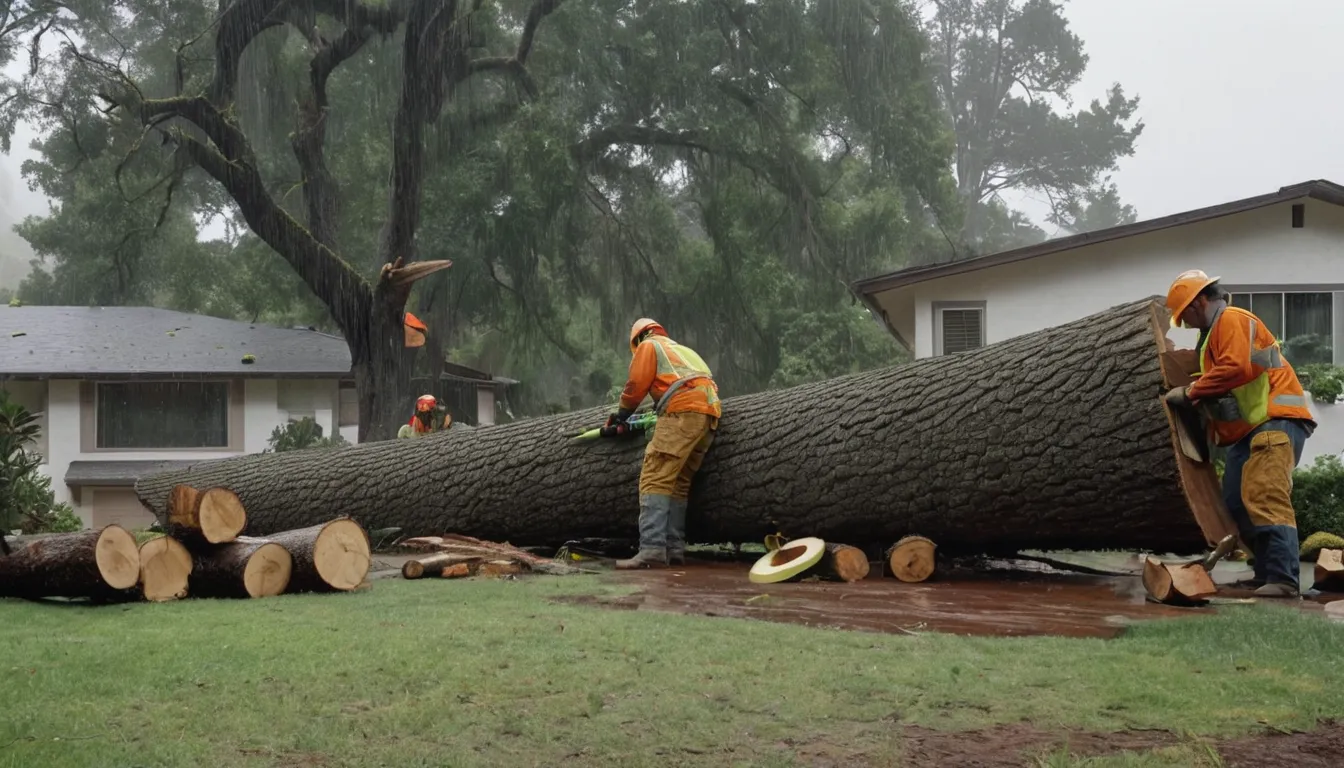 Tree removal provider safely clearing a storm-fallen tree from a stucco ranch home in Desert Hot Springs
