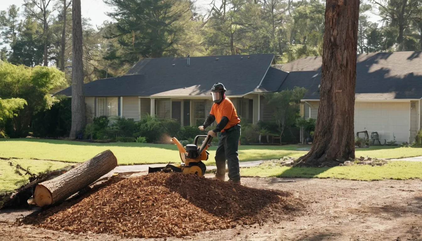 A stump grinder at work on a residential yard in Desert Hot Springs